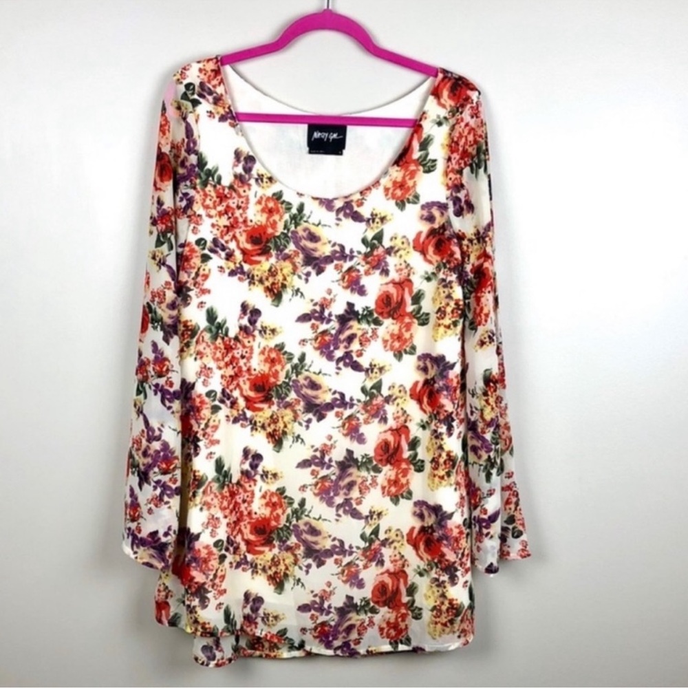 Nasty Gal Wild Roses floral chiffon mini dress with bell sleeves Size Small